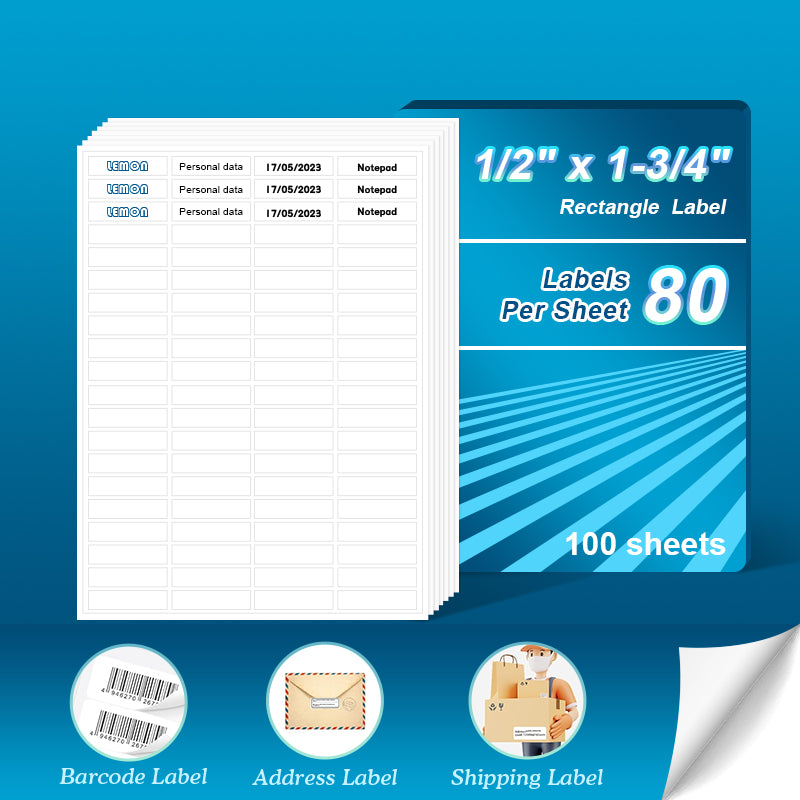 1/2" x 13/4" Blank Rectangle Labels 80 Labels Per Sheet/100 Sheets