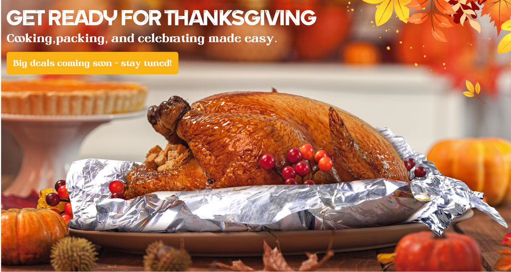 Thanksgiving turkey on aluminum foil roll for holiday cooking, BFCM sale collection banner featuring heavy duty foil for baking and roasting