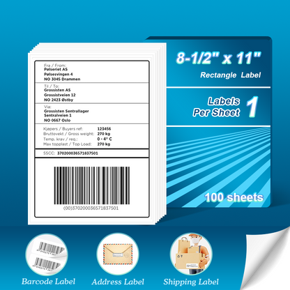 8-1/2" x 11" Full Sheet Labels, Shipping Address Labels, for Inkjet & Laser Printers, 1 Label Per Sheet,100 Sheets - Pony Packaging