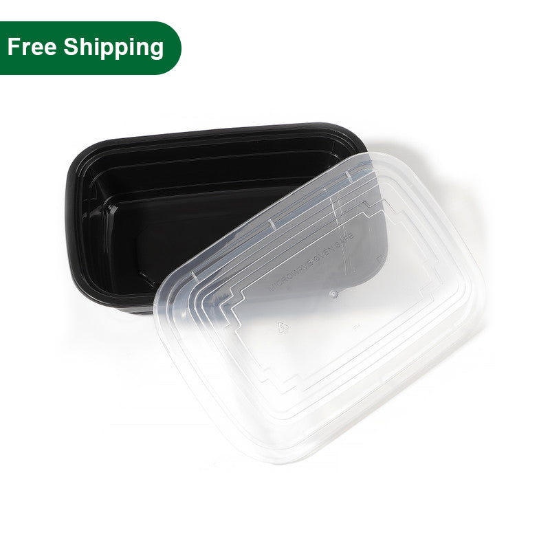 24 oz Rectangular To Go Containers with Lids Black 150 Set Pony Packaging