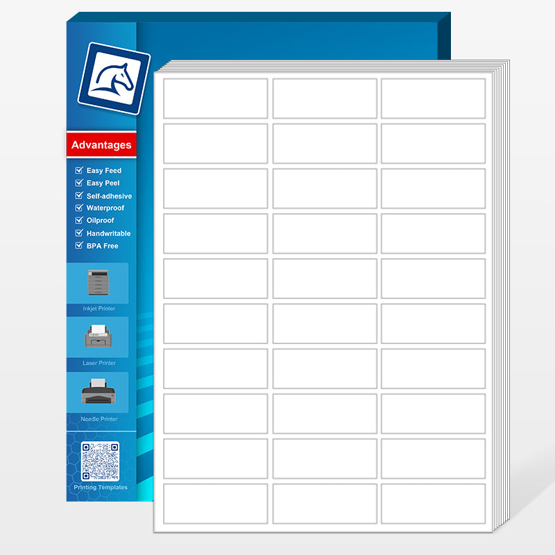 1" x 2-5/8" Blank Rectangle Address Labels White for Laser & Inkjet Printers 100 Sheets 3000 Labels