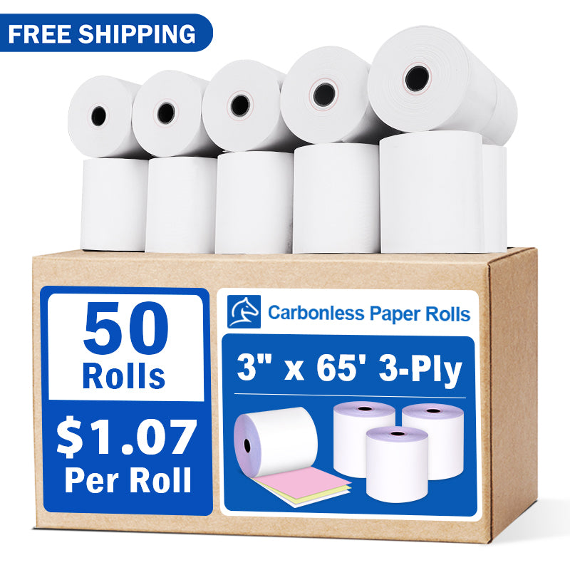 3" x 65' 3-Ply Carbonless Paper Rolls - White/Canary/Pink 50 Rolls