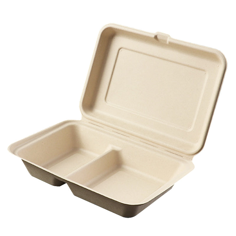 9"x6"x3" 2 Compostable Clamshell Containers Natural Bagasse 250 pcs