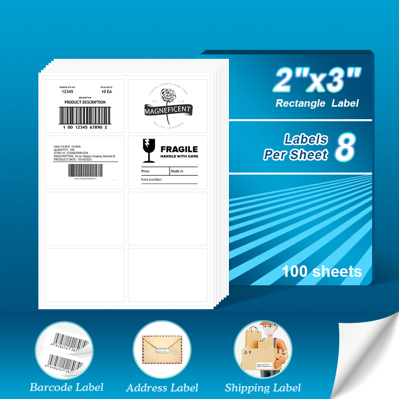 2"x3" Blank Rectangle Labels 8 Labels Per Sheet/100 Sheets