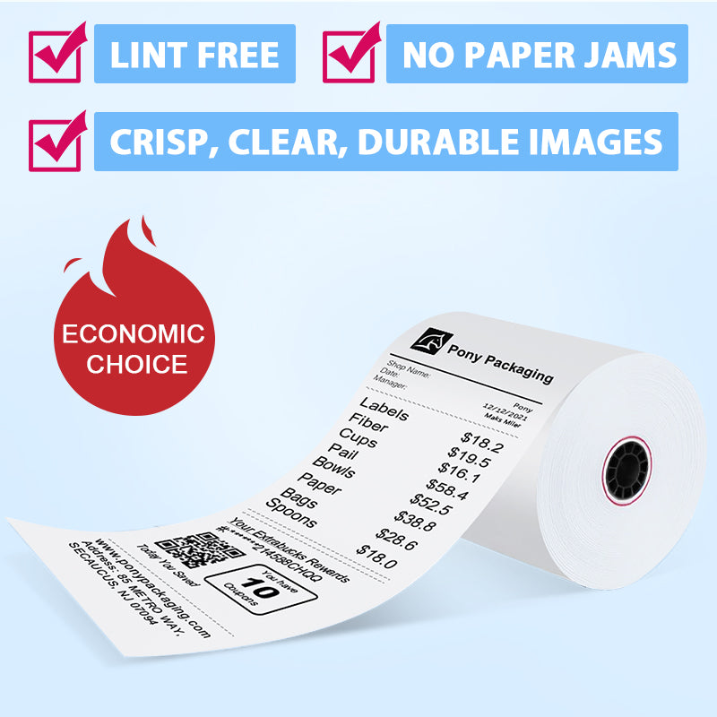 3 1/8 x 220 thermal paper roll with lint free paper, no paper jams, crisp clear durable printing, economic choice receipt paper