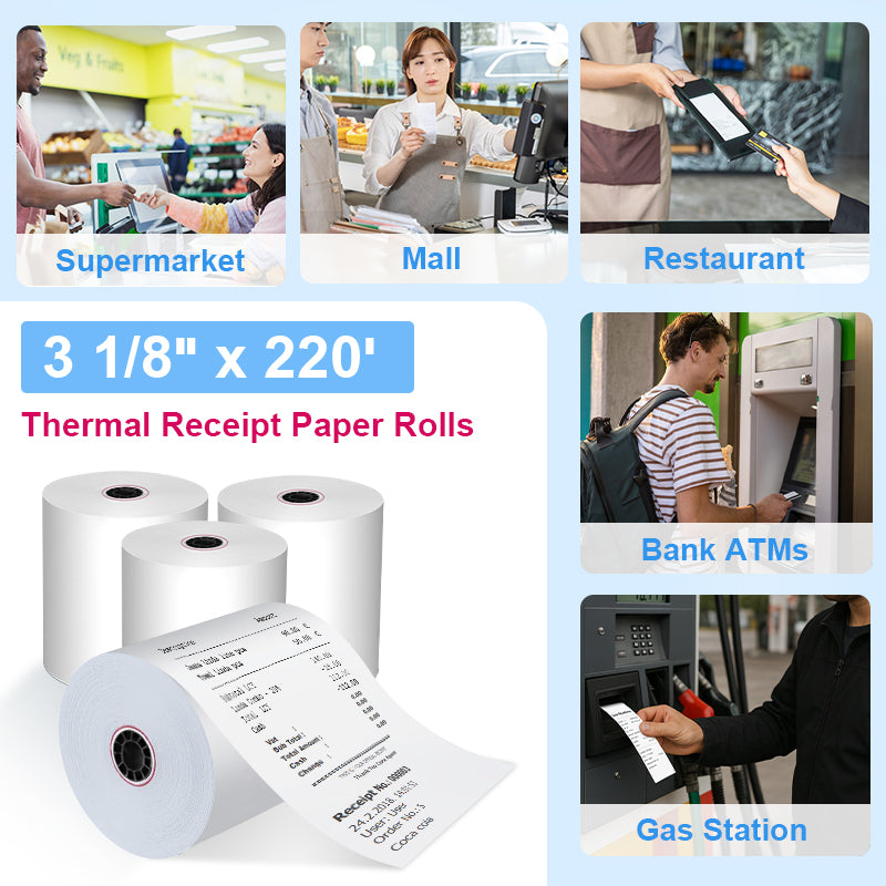 3 1/8 x 220 thermal paper roll used in gas stations, restaurants, supermarkets, retail stores, and ATMs, versatile POS receipt paper