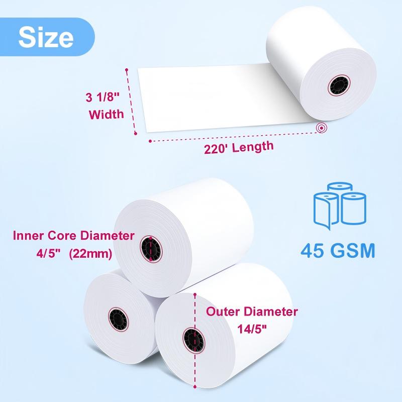 3 1/8 x 220 thermal paper roll dimensions and specifications, includes roll width, length, and 45gsm paper weight