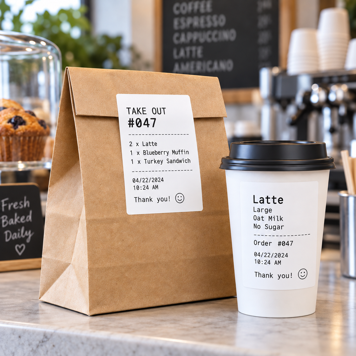 A brown paper takeaway coffee bag and a white paper coffee cup with black lids sit on a cafe counter. Both bags have matching printed labels showing a latte and oat milk latte order with text and a smiley face.