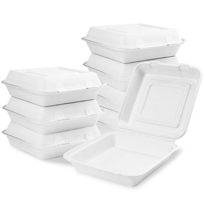 Sample 10"x10"x3" Sugarcane Clamshell Takeout Food Containers Natural White