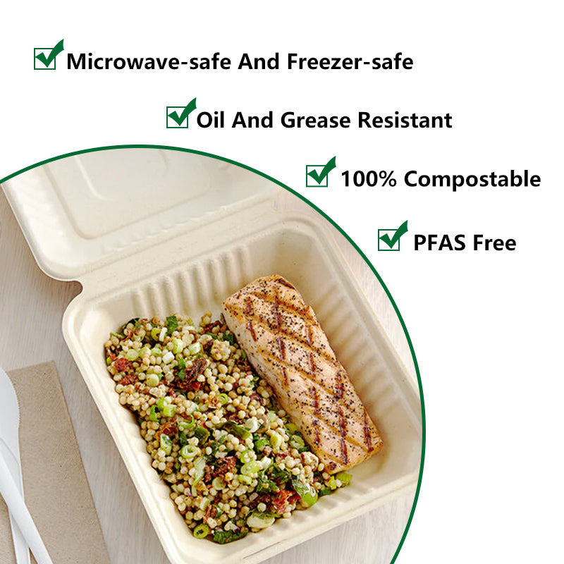 8"x8"x3" Compostable Clamshell Containers PFAS Free 200 pcs