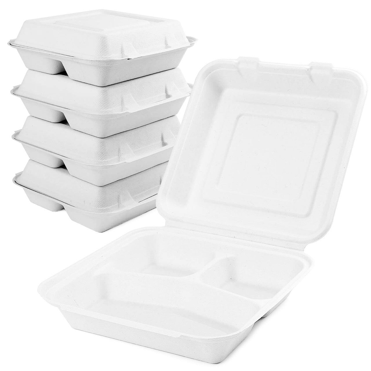 10"x10"x3" 3 Compartment Clamshell Food Containers Natural White 200 pcs