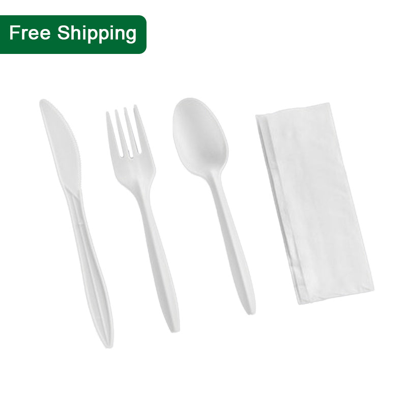 Medium weight 6-piece meal kit including white fork, knife, spoon, and napkin, 250 sets per case with free shipping