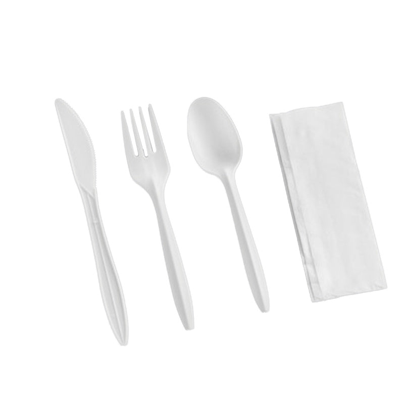 Medium weight 6-piece meal kit including white fork, knife, spoon, and napkin, 250 sets per case