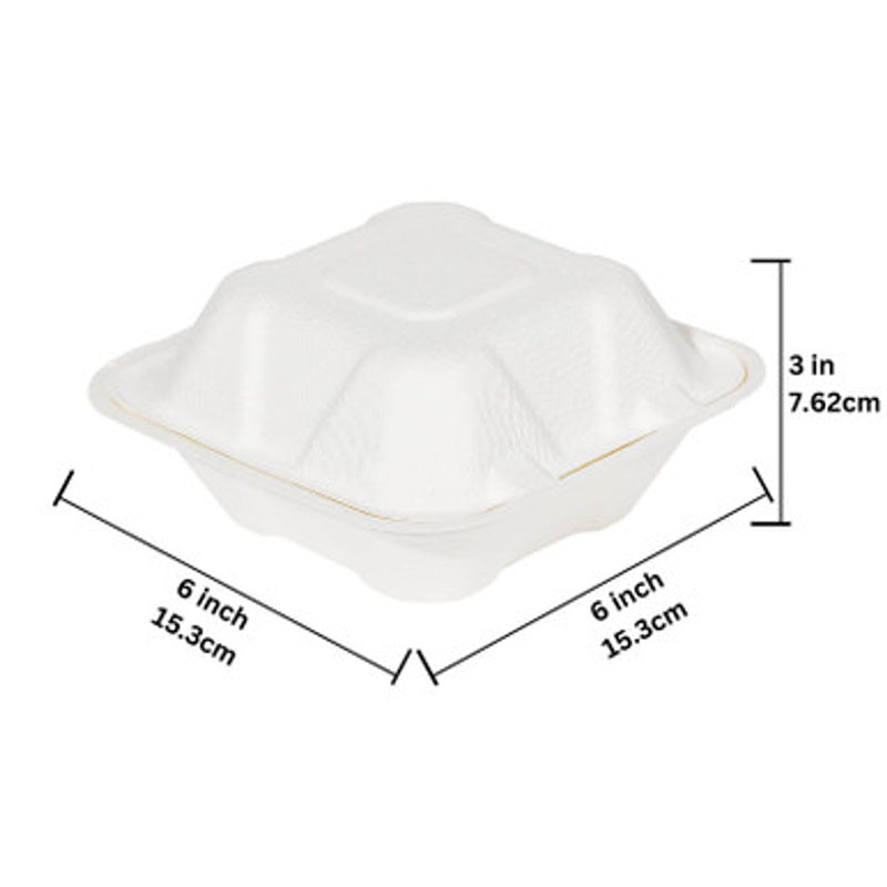 6x6x3 white compostable clamshell container size and dimensions eco food box biodegradable