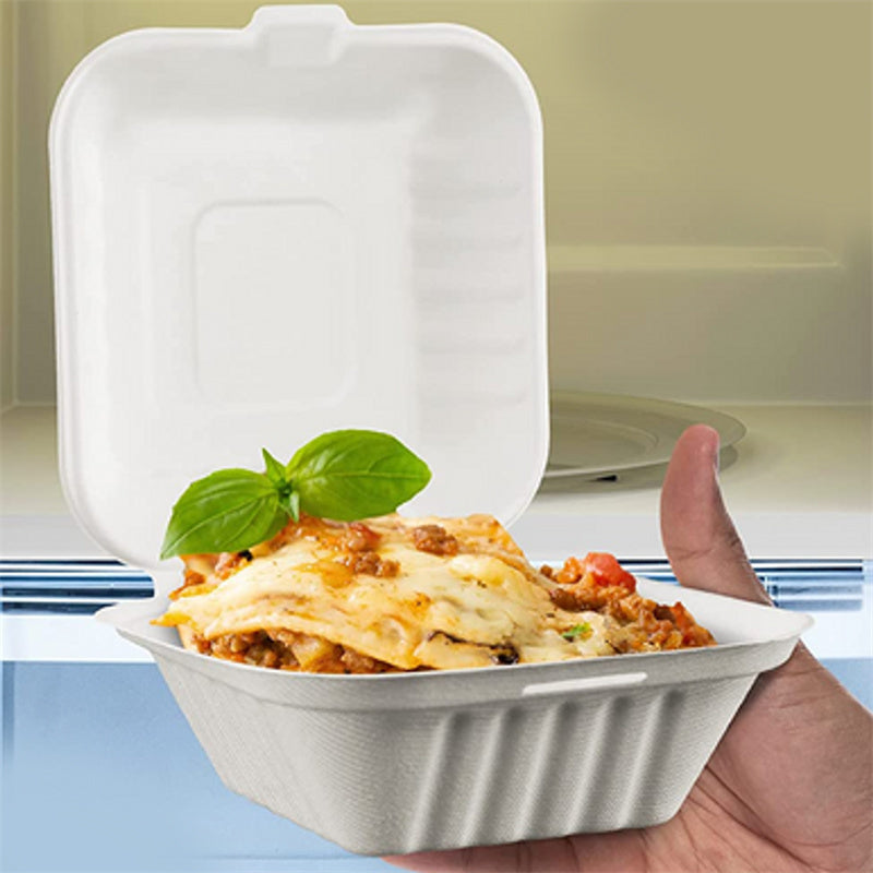 White 6x6x3 compostable clamshell container held in hand with takeout food eco friendly packaging