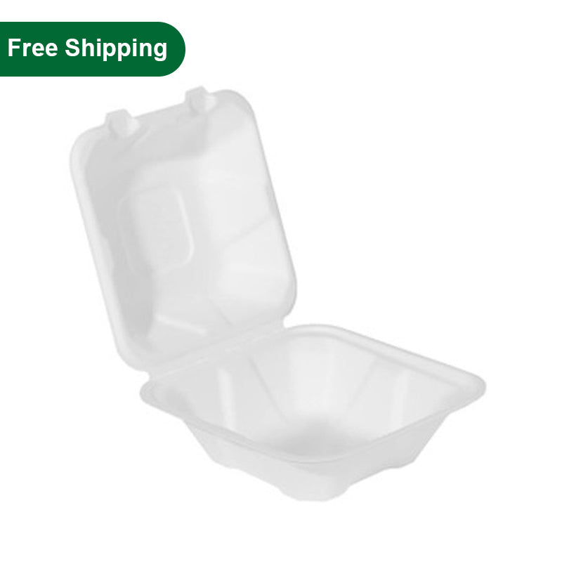 White 6x6x3 compostable clamshell containers eco friendly takeout food boxes with free shipping