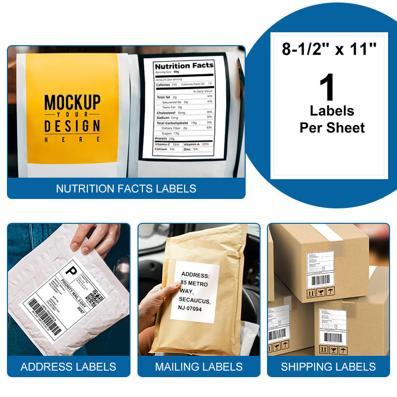 8-1/2" x 11" Full Sheet Address Shipping & Mailing Labels, 1 Label Per Sheet,100 Sheets - Pony Packaging