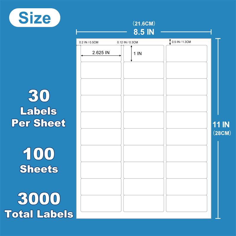 1" x 2-5/8" Blank Rectangle Labels White for Laser & Inkjet Printers 100 Sheets 3000 Labels  30-up