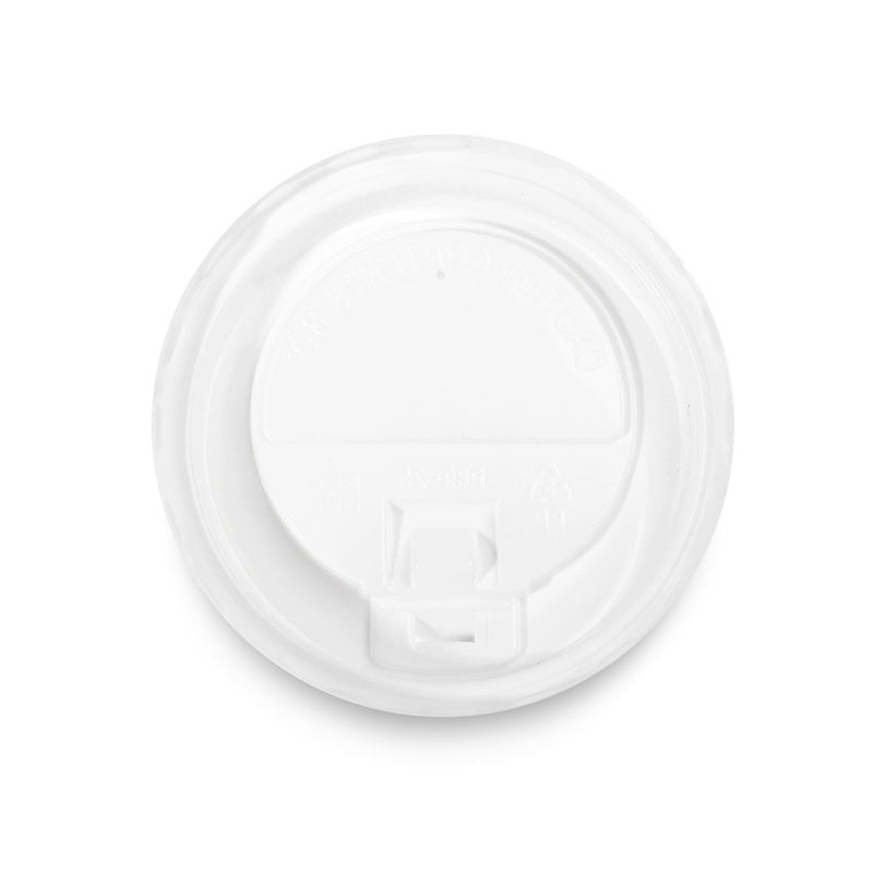bottom view of white plastic lid for hot coffee cups