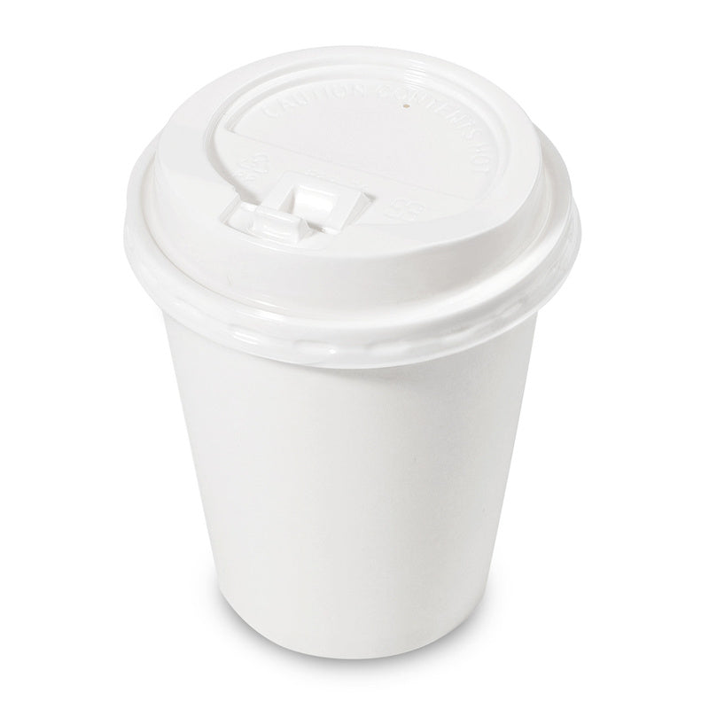 angled view of disposable coffee cup with white plastic lid