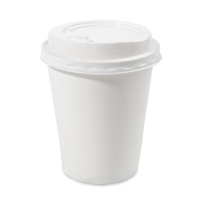 side view of white plastic lid fitted on disposable paper cup
