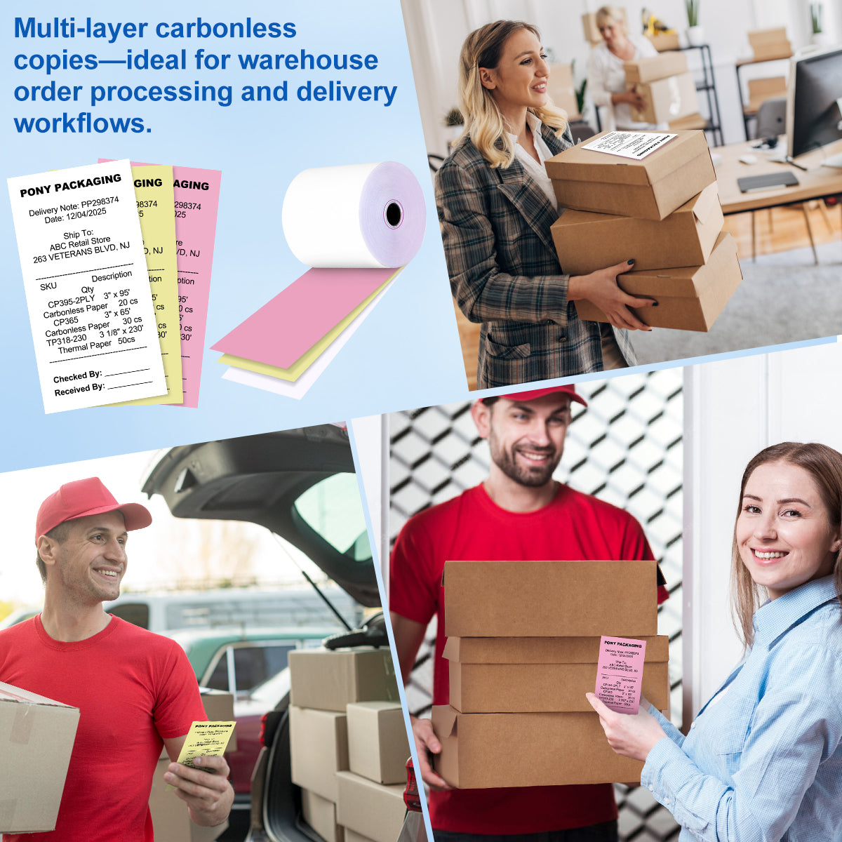 3-ply NCR Paper Rolls, with clear copies on each layer, ideal for warehouse order processing and delivery workflows.