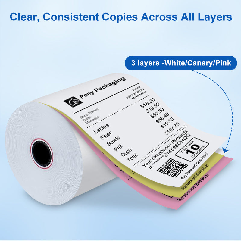 3-ply Carbonless Kitchen Paper Rolls, provide clear, consistent copies across all layers, perfect for warehouse order processing and delivery workflows.