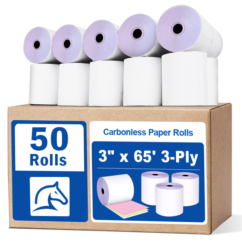 3" x 65' 3-ply carbonless paper White/Canary/Pink, Carbonless Kitchen Paper Rolls, NCR Paper Rolls.