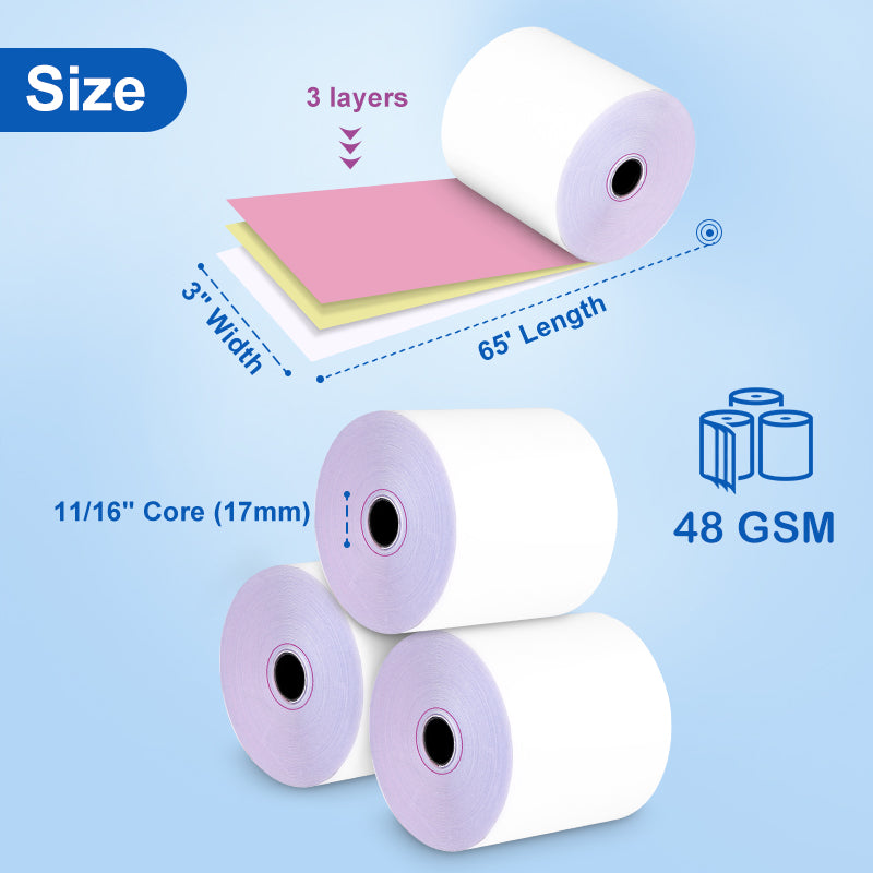 3-ply Carbonless Kitchen Printer Paper Roll, White/Canary/Pink layers, 3" roll width and 65' roll length. Paper thickness 48 gsm.