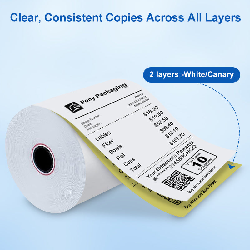 2-ply carbonless kitchen printer paper roll, white/canary layers, provide clear and consistent copies across all layers.