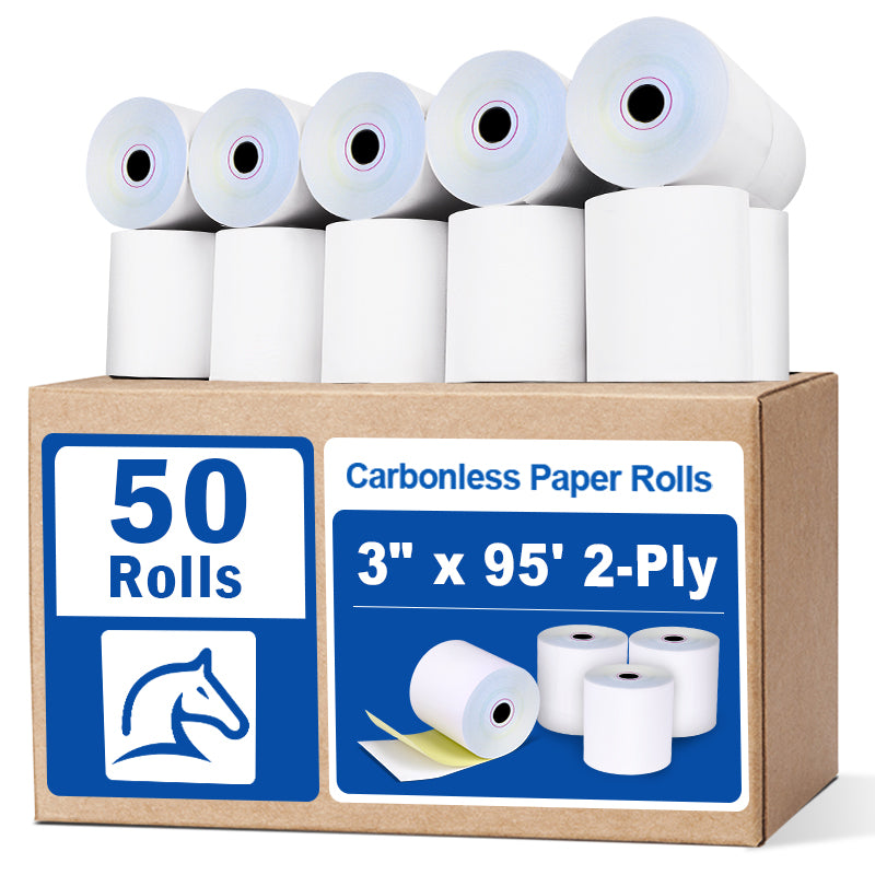 3" x 95' 2-ply carbonless paper rolls from Pony Packaging. 50 Rolls Per Carton.