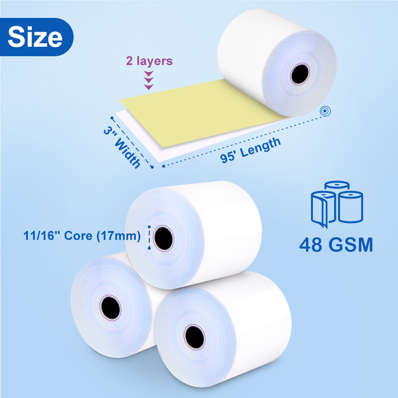 Two Ply Carbonless Rolls, with 3" roll width and 95' roll length. White/Canary.