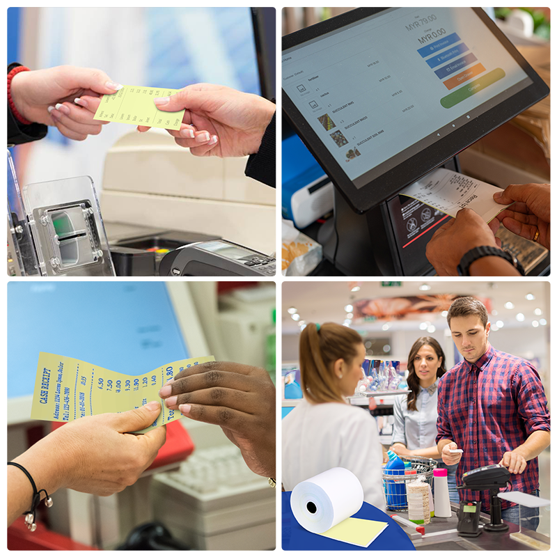 3" x 95' 2-Ply Carbonless White/Canary Cash Register Paper, ideal for supermarkets, malls and other scenarios with pos system.
