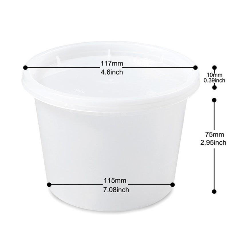 16 oz plastic soup container with lid showing dimensions including height and diameter