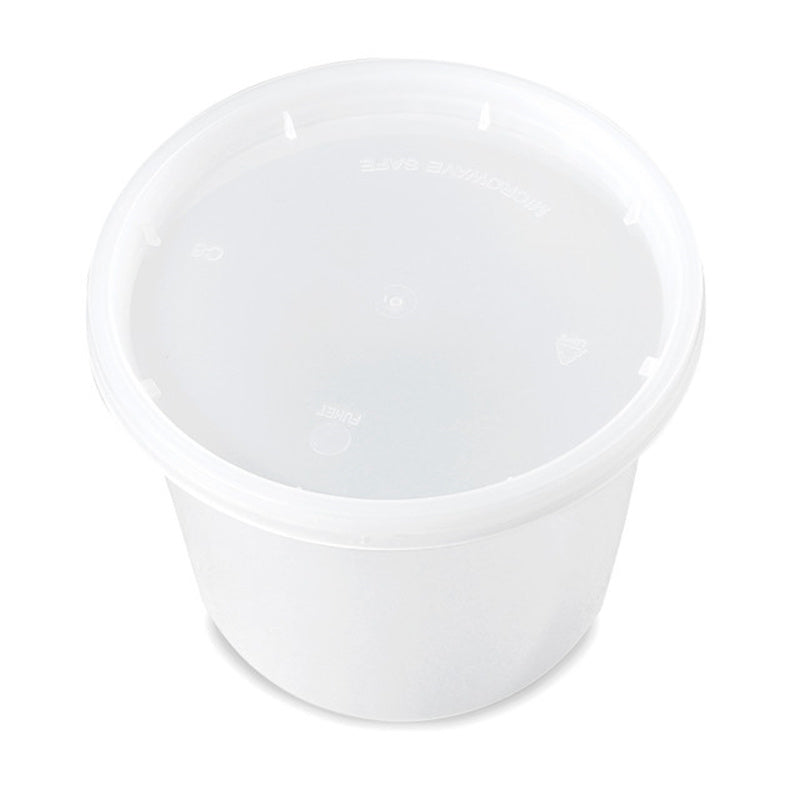 16 oz plastic soup container with lid, front view showing tight fit design