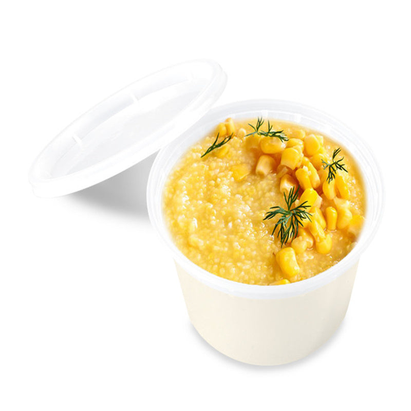 16 oz plastic soup container with lid filled with pumpkin porridge in lifestyle image