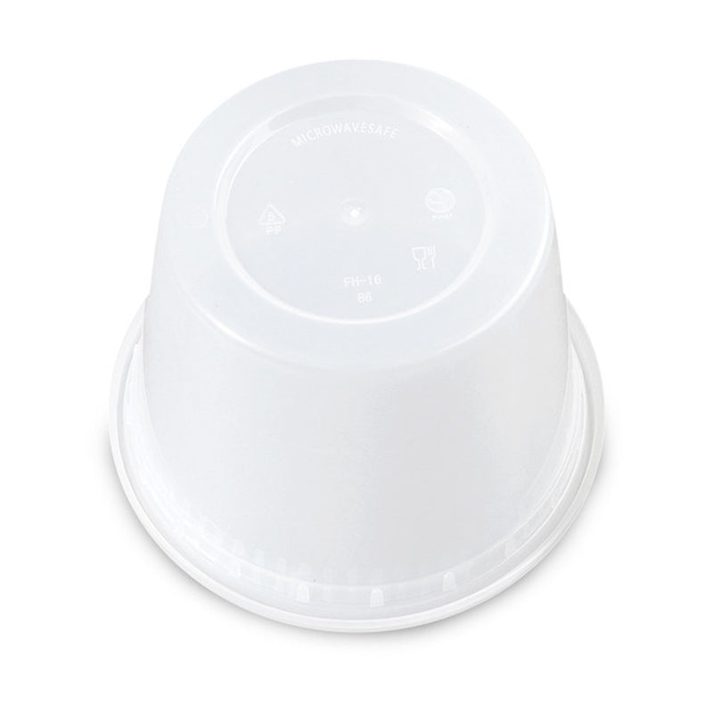 16 oz plastic soup container with lid upside down showing leak-proof and durable structure