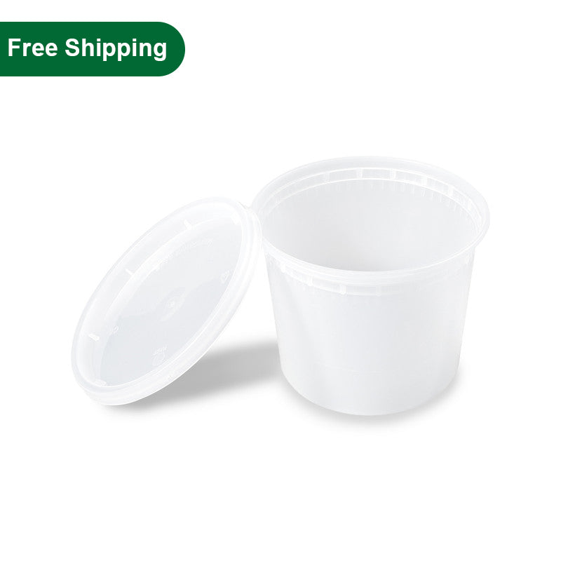 16 oz plastic soup container with lids to go 240 set, product main image with free shipping label