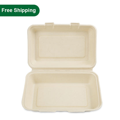 1000ml 9"x6"x3" Compostable Clamshell Containers Natural Bagasse 500 pcs