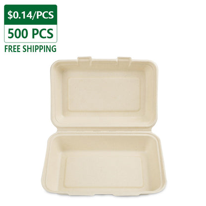 1000ml 9"x6"x3" Compostable Clamshell Containers Natural Bagasse 500 pcs