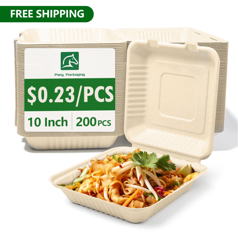 10"x10"x3" Compostable Clamshell Containers PFAS Free 200 pcs