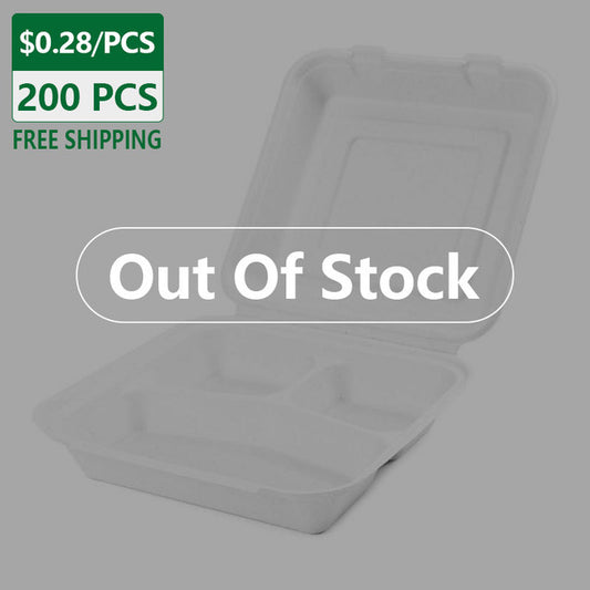 10"x10"x3" 3 Compartment Clamshell Food Containers Natural White 200 pcs