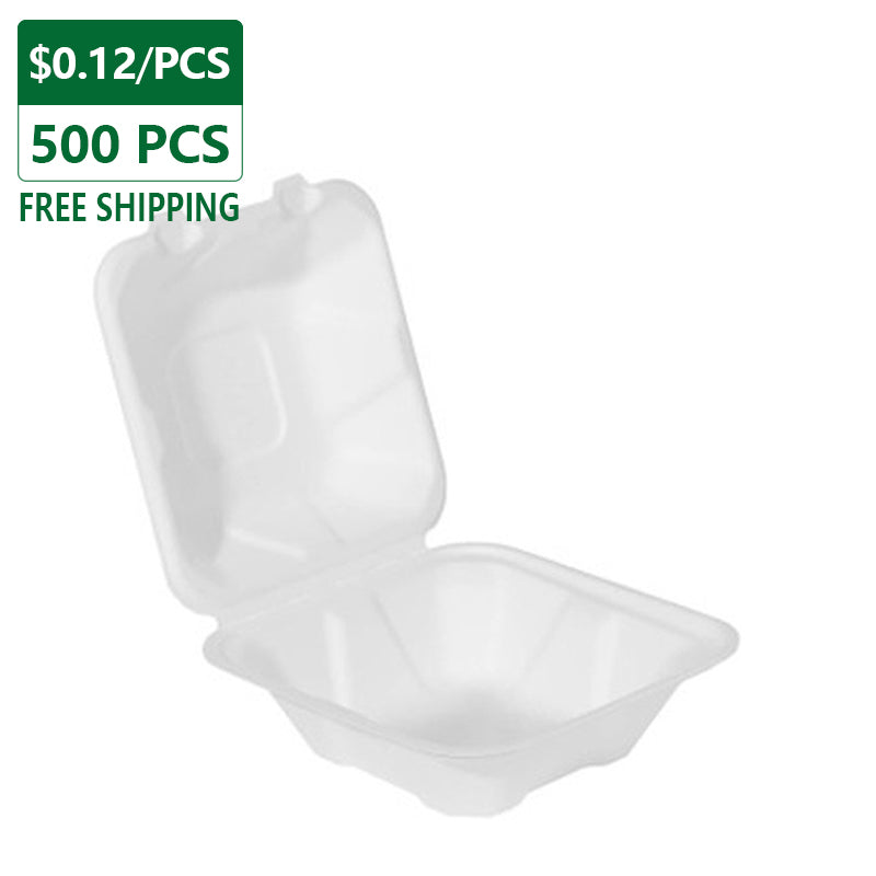6"x6"x3" Disposable Sugarcane Clamshell Containers 500 pcs