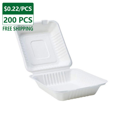 8"x8"x3" Clamshell To Go Food Containers Sugarcane Natural White 200 pcs