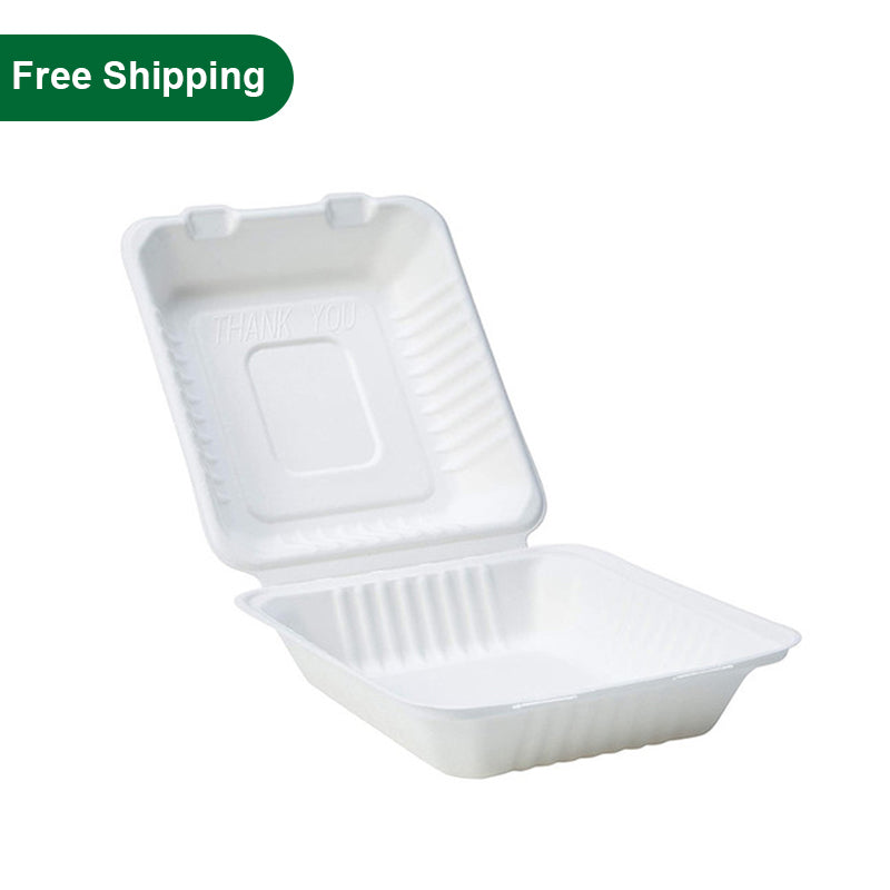 8x8x3 sugarcane clamshell to go food container, white compostable takeout box, Free Shipping