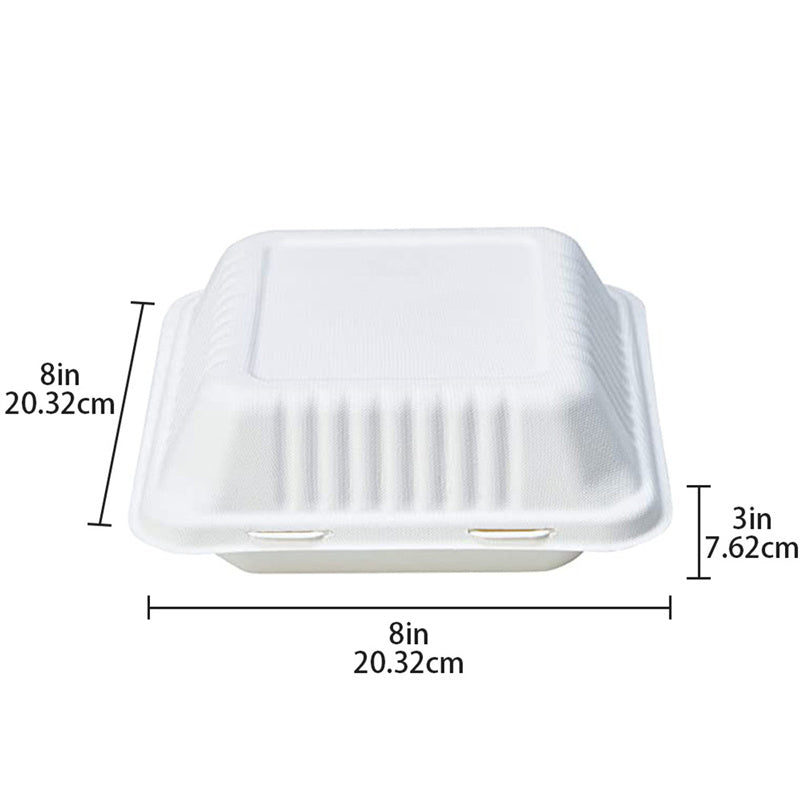 8x8x3 compostable clamshell container size guide showing length width and height