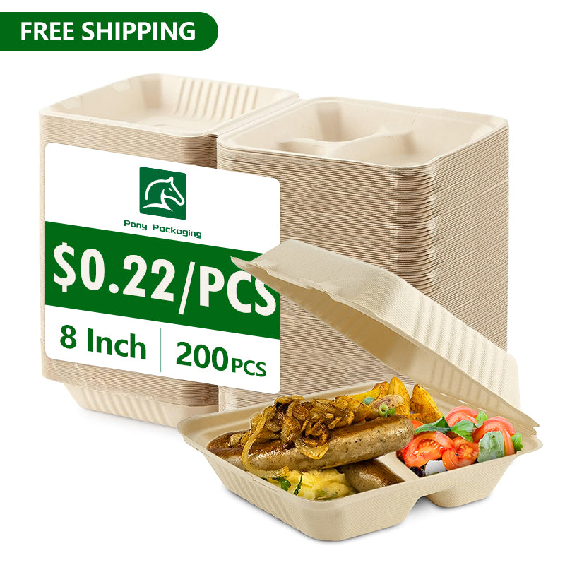 8"x8"x3" 3 Compartment Compostable Clamshell Containers PFAS Free 200 pcs
