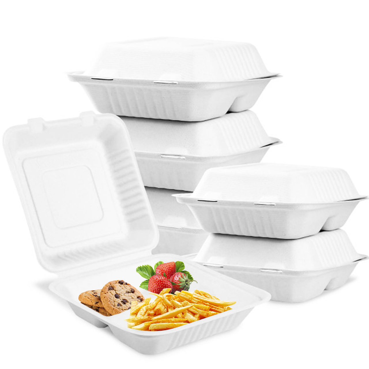 8"x8"x3" 3 Compartment Clamshell To-go Containers White 200 pcs