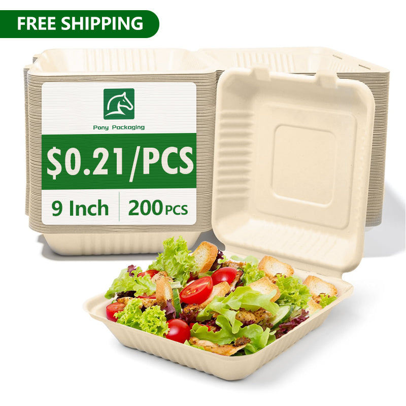9"x9"x3" Compostable Clamshell Containers PFAS Free 200 pcs