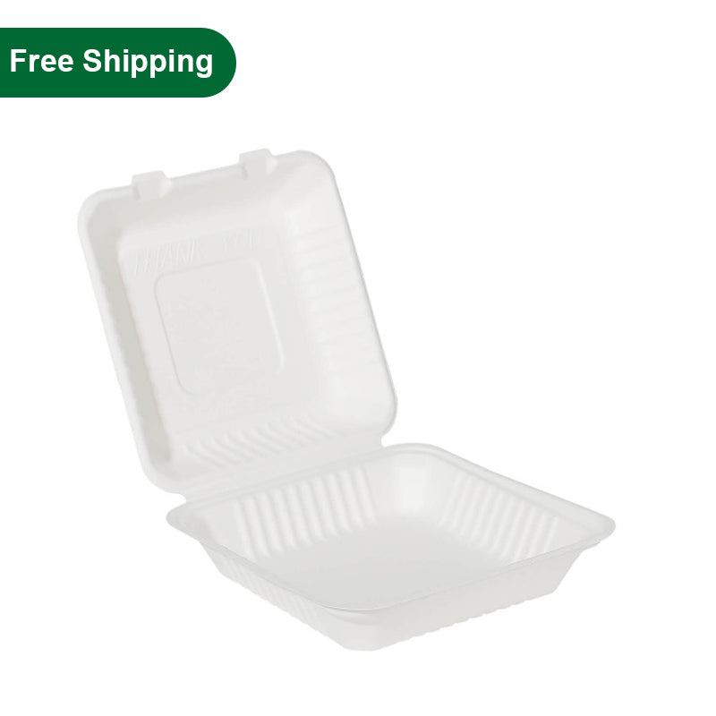 FCS91W 9x9x3 eco sugarcane hinged take out clamshell container, compostable and microwave safe, bulk 200 pcs with free shipping